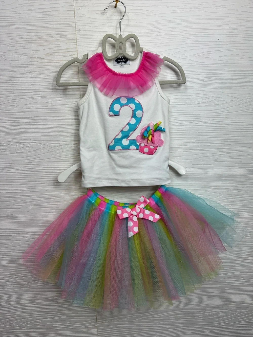 Mud Pie White Tank with Pink Tulle Collar and Rainbow Tutu 2 Year Old birthday